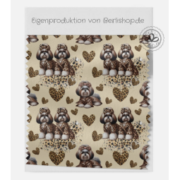 Oxford Stoff Hunde Shih Tzu  mit Schleife Leo Muster Herzen Beige /Braun– 210 g/m² – 150 cm Meterware - Eigenproduktion