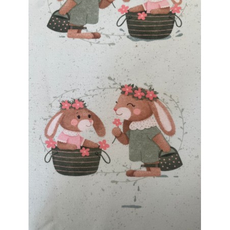 French Terry Sommersweat Hasen Muster 145 cm – Osterhasen Blumen Design Beige – 240 g/m² – Eigenproduktion