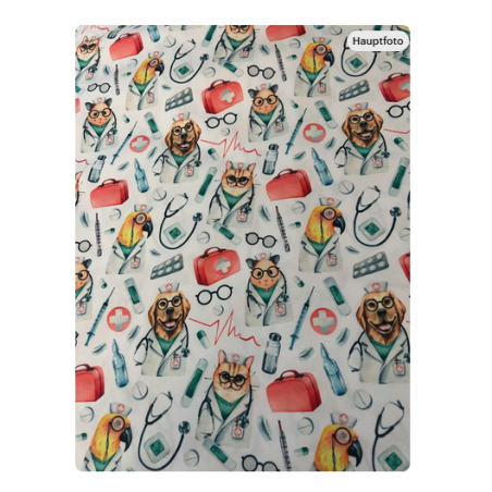 Baumwolle Webware Tierarzt Stoff Meterware 160 cm – Hunde Katzen Medizin Muster – 1130 g/m² – Eigenproduktion