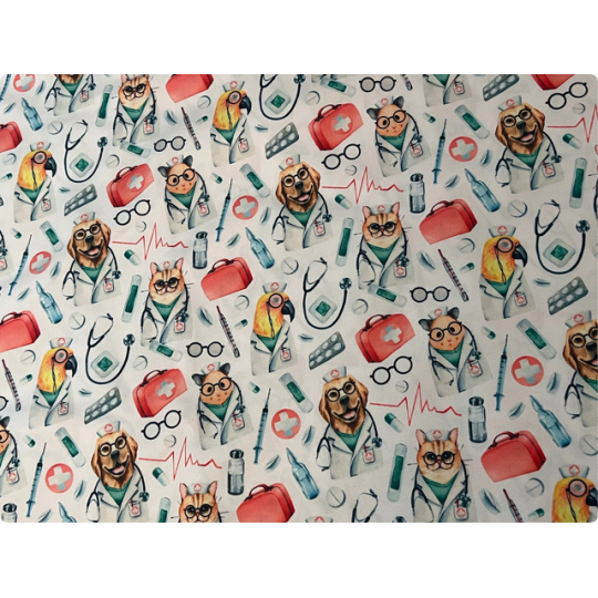 Baumwolle Canvas Tierarzt Stoff Meterware 160 cm – Hunde Katzen Medizin Muster – 130 g/m² – Eigenproduktion