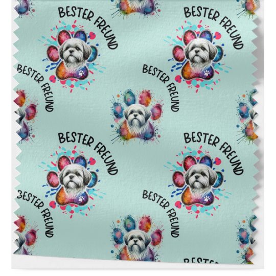 French Terry Sommersweat Malteser Stoff 145 cm – Bester Freund Hunde Motiv Mint – 240 g/m² – Eigenproduktion