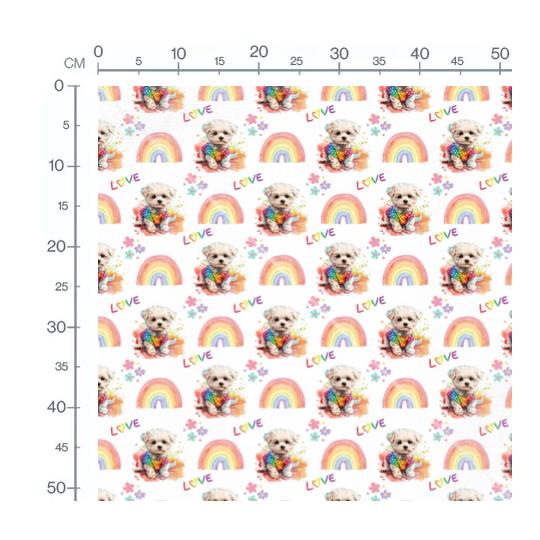 French Terry Sommersweat Malteser Stoff 145 cm – Regenbogen Love Hunde Motiv – 240 g/m² – Eigenproduktion