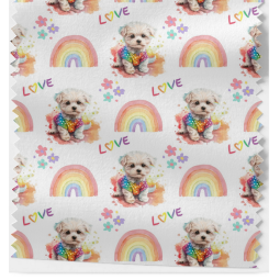 French Terry Sommersweat Malteser Stoff 145 cm – Regenbogen Love Hunde Motiv – 240 g/m² – Eigenproduktion