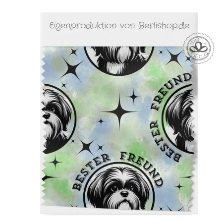 French Terry Sommersweat Shih Tzu  Stoff 145 cm – Regenbogen bester freund Motiv – 240 g/m² – Eigenproduktion