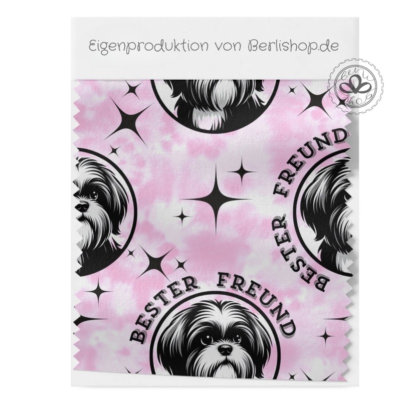 French Terry Hunde Stoff Shih Tzu 145 cm – Bester Freund Design Rosa – 240 g/m² – Eigenproduktion