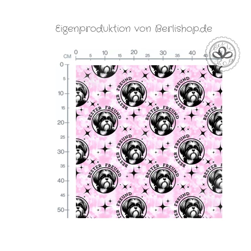 French Terry Hunde Stoff Shih Tzu 145 cm – Bester Freund Design Rosa – 240 g/m² – Eigenproduktion