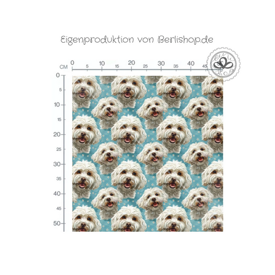 French Terry Sommersweat Malteser Stoff 145 cm  – Hunde Motiv Blau Pastell – 240 g/m² – Eigenproduktion