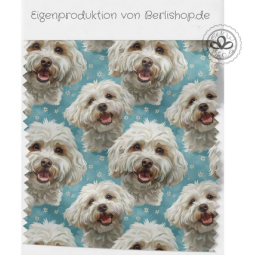 French Terry Sommersweat Malteser Stoff 145 cm br. – Hunde Motiv Blau Pastell – 240 g/m² – Eigenproduktion