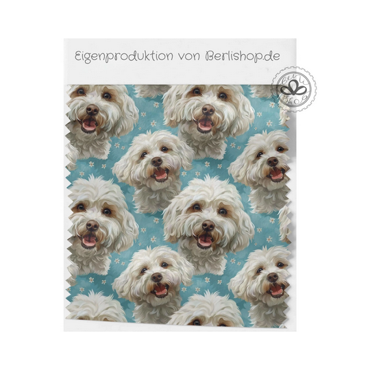 French Terry Sommersweat Malteser Stoff 145 cm  – Hunde Motiv Blau Pastell – 240 g/m² – Eigenproduktion