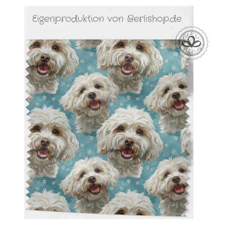 French Terry Sommersweat Malteser Stoff 145 cm  – Hunde Motiv Blau Pastell – 240 g/m² – Eigenproduktion