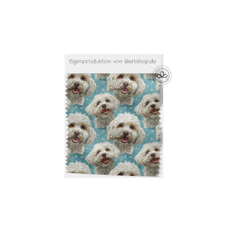 French Terry Sommersweat Malteser Stoff 145 cm  – Hunde Motiv Blau Pastell – 240 g/m² – Eigenproduktion