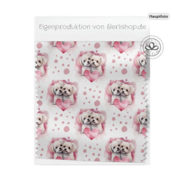 French Terry Sommersweat Malteser Stoff 145 cm – Hunde mit Herzen Rosa – 240 g/m² – Eigenproduktion