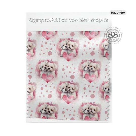 French Terry Sommersweat Malteser Stoff 145 cm – Hunde mit Herzen Rosa – 240 g/m² – Eigenproduktion