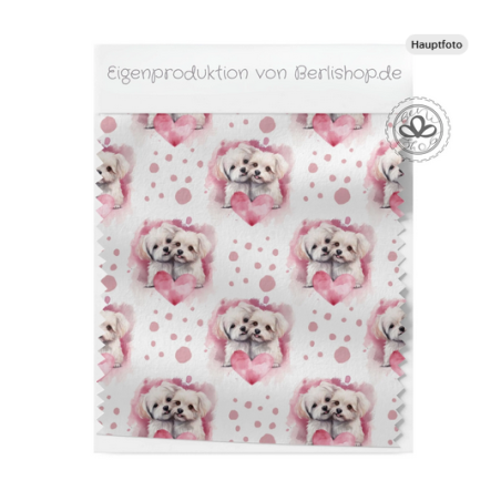 French Terry Sommersweat Malteser Stoff 145 cm – Hunde mit Herzen Rosa – 240 g/m² – Eigenproduktion