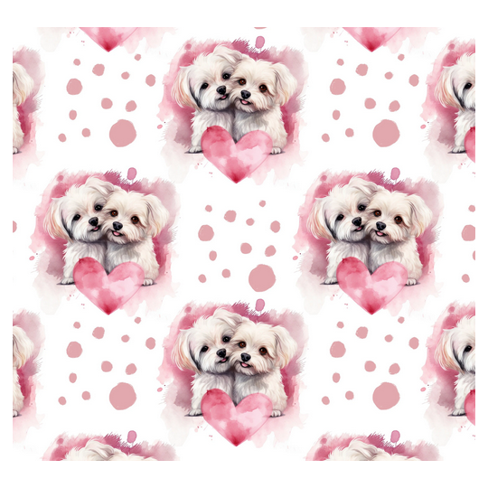 French Terry Sommersweat Malteser Stoff 145 cm – Hunde mit Herzen Rosa – 240 g/m² – Eigenproduktion