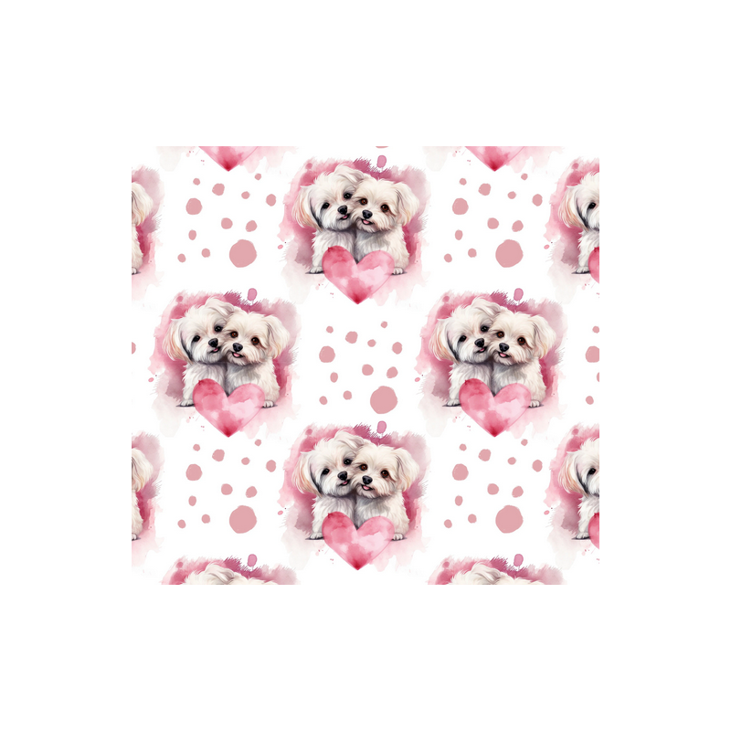 French Terry Sommersweat Malteser Stoff 145 cm – Hunde mit Herzen Rosa – 240 g/m² – Eigenproduktion