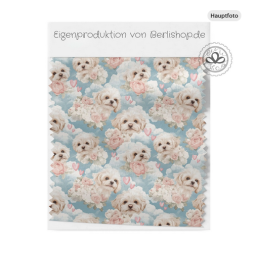French Terry Sommersweat Malteser Stoff 145 cm  – Hunde Blumen Herzen Blau – 240 g/m² – Eigenproduktion