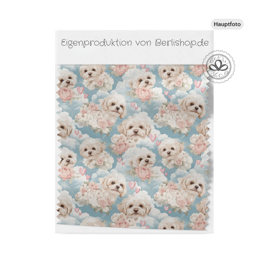 French Terry Sommersweat Malteser Stoff 145 cm – Hunde Blumen Herzen Blau – 240 g/m² – Eigenproduktion