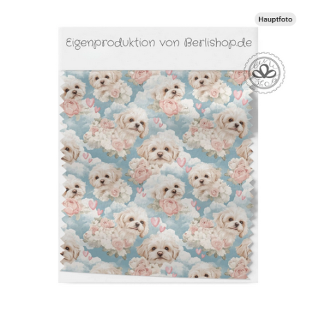 French Terry Sommersweat Malteser Stoff 145 cm – Hunde Blumen Herzen Blau – 240 g/m² – Eigenproduktion