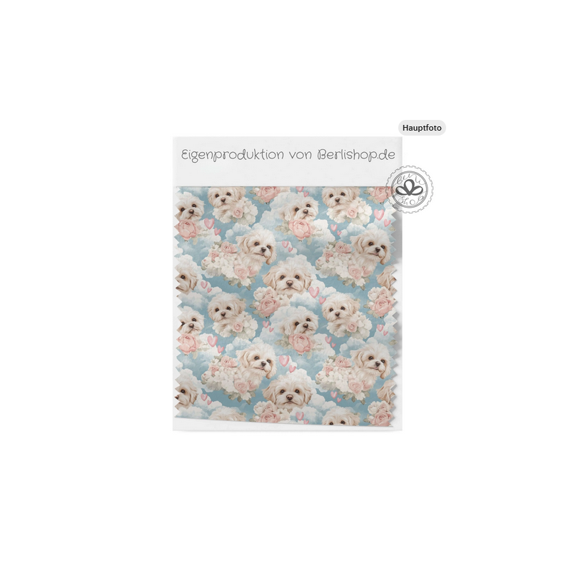 French Terry Sommersweat Malteser Stoff 145 cm – Hunde Blumen Herzen Blau – 240 g/m² – Eigenproduktion