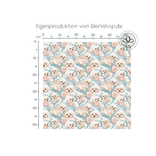 French Terry Sommersweat Malteser Stoff 145 cm – Hunde Blumen Herzen Blau – 240 g/m² – Eigenproduktion