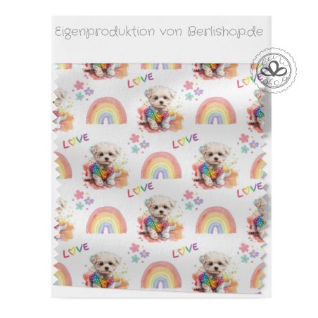 French Terry Sommersweat Malteser Stoff 145 cm – Regenbogen Love Hunde Motiv – 240 g/m² – Eigenproduktion