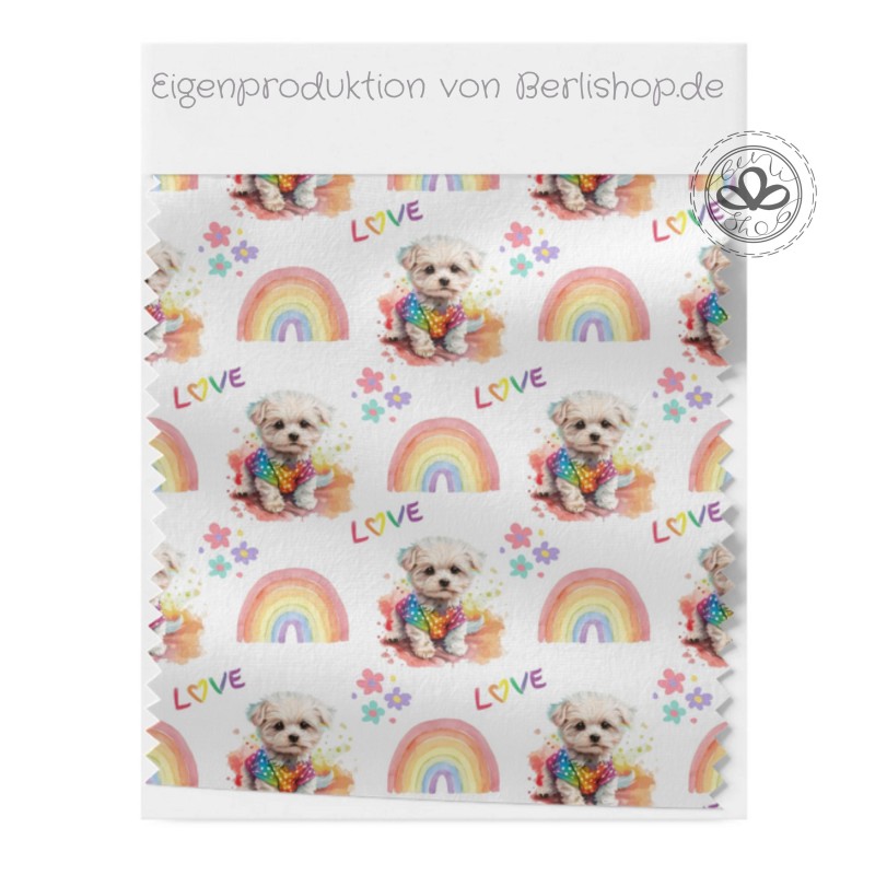 French Terry Sommersweat Malteser Stoff 145 cm – Regenbogen Love Hunde Motiv – 240 g/m² – Eigenproduktion