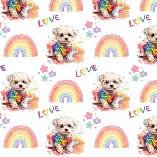 French Terry Sommersweat Malteser Stoff 145 cm – Regenbogen Love Hunde Motiv – 240 g/m² – Eigenproduktion