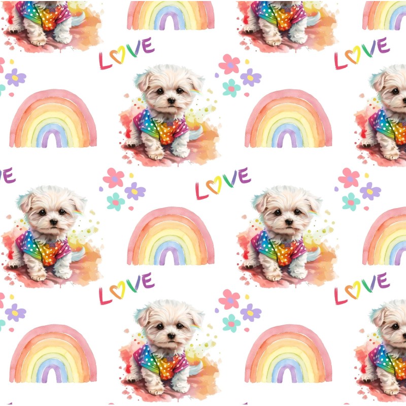 French Terry Sommersweat Malteser Stoff 145 cm – Regenbogen Love Hunde Motiv – 240 g/m² – Eigenproduktion