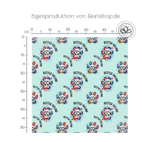 French Terry Sommersweat Shih Tzu  Stoff 145 cm – Bester Freund Hunde Motiv Mint – 240 g/m² – Eigenproduktion