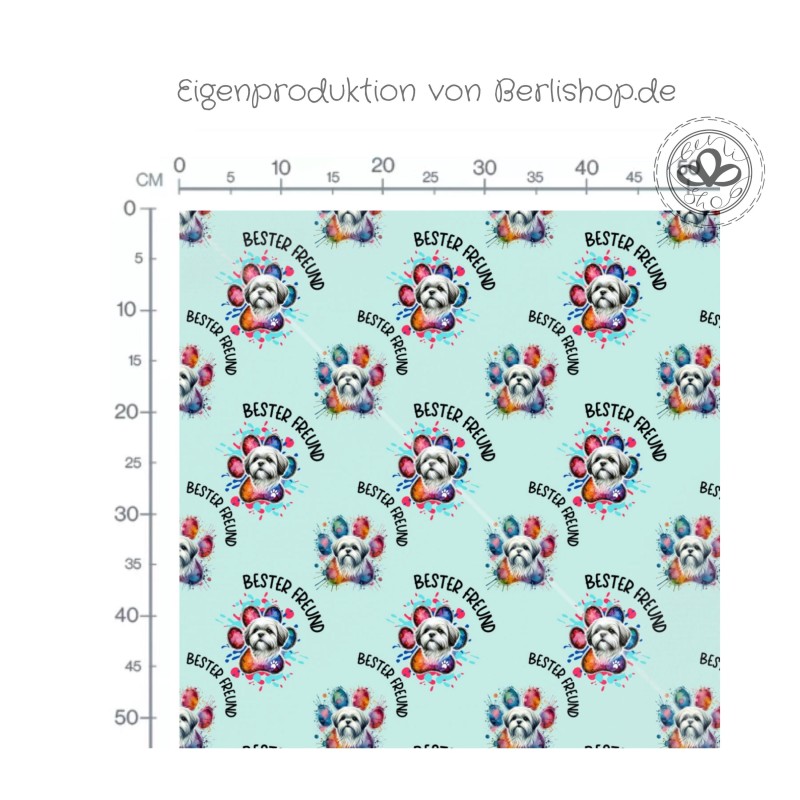 French Terry Sommersweat Shih Tzu  Stoff 145 cm – Bester Freund Hunde Motiv Mint – 240 g/m² – Eigenproduktion