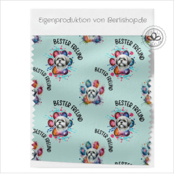 French Terry Sommersweat Shih Tzu  Stoff 145 cm – Bester Freund Hunde Motiv Mint – 240 g/m² – Eigenproduktion