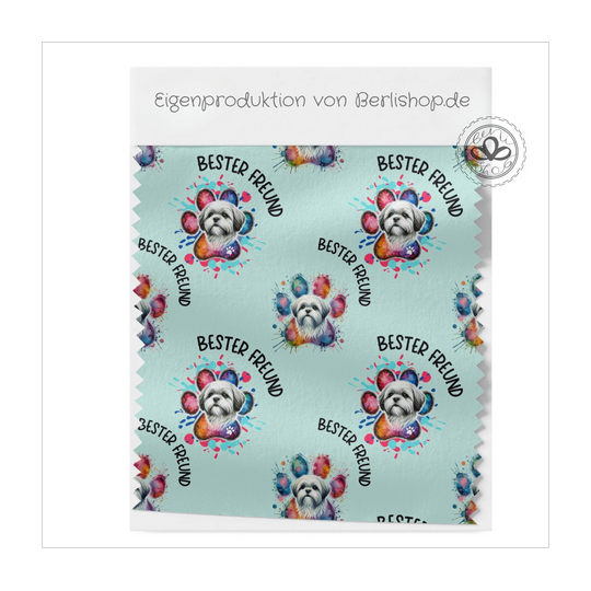 French Terry Sommersweat Shih Tzu  Stoff 145 cm – Bester Freund Hunde Motiv Mint – 240 g/m² – Eigenproduktion