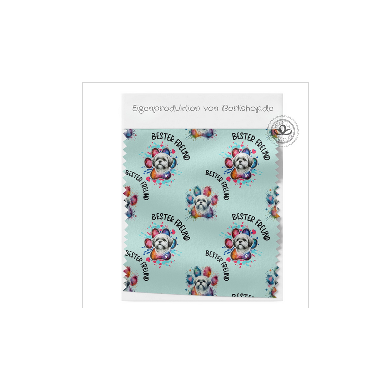 French Terry Sommersweat Shih Tzu  Stoff 145 cm – Bester Freund Hunde Motiv Mint – 240 g/m² – Eigenproduktion