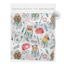 Baumwolle Canvas Tierarzt Stoff Meterware 160 cm – Hunde Katzen Medizin Muster – 130 g/m² – Eigenproduktion