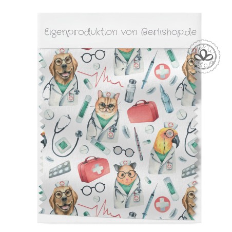 Baumwolle Canvas Tierarzt Stoff Meterware 160 cm – Hunde Katzen Medizin Muster – 130 g/m² – Eigenproduktion