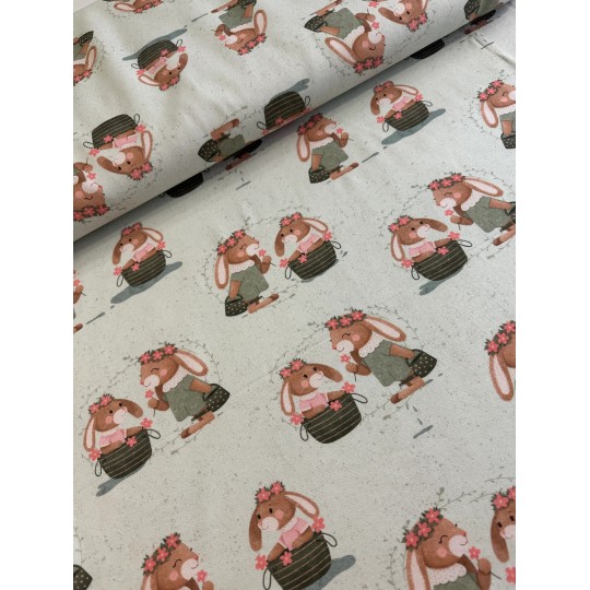 French Terry Sommersweat Hasen Muster 145 cm – Osterhasen Blumen Design Beige – 240 g/m² – Eigenproduktion