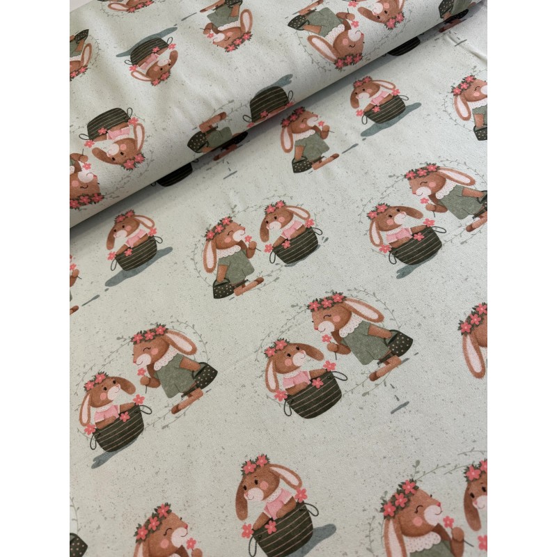 French Terry Sommersweat Hasen Muster 145 cm – Osterhasen Blumen Design Beige – 240 g/m² – Eigenproduktion