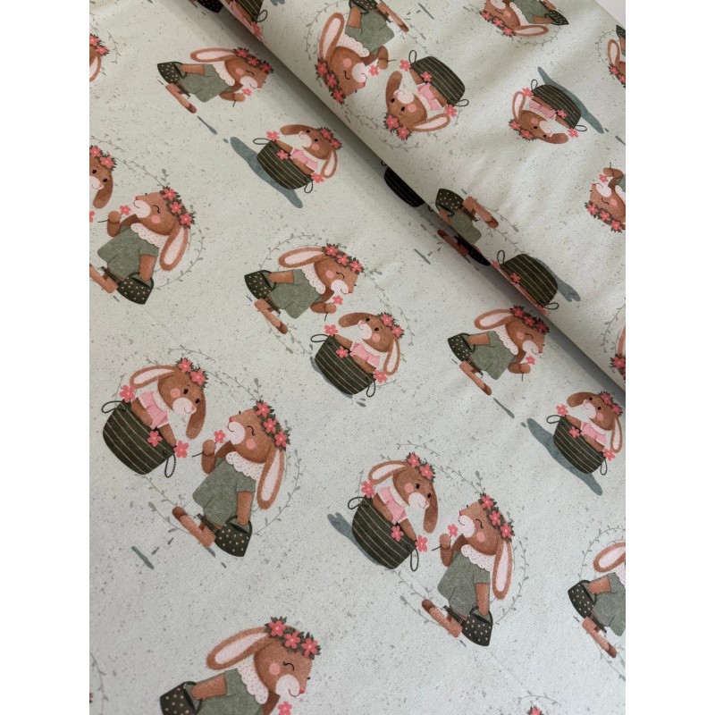 French Terry Sommersweat Hasen Muster 145 cm – Osterhasen Blumen Design Beige – 240 g/m² – Eigenproduktion
