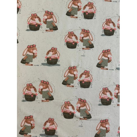 French Terry Sommersweat Hasen Muster 145 cm – Osterhasen Blumen Design Beige – 240 g/m² – Eigenproduktion