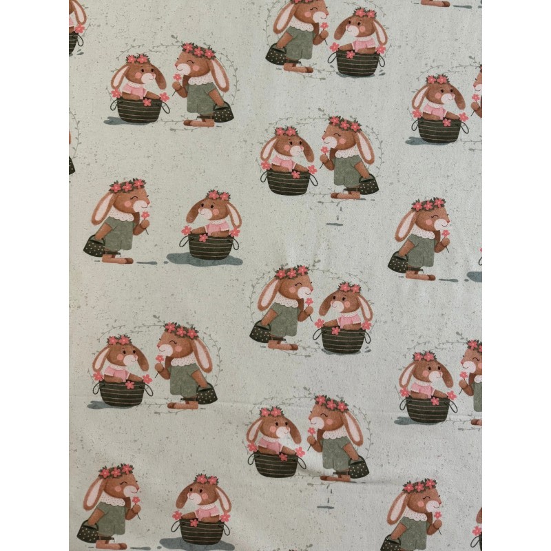 French Terry Sommersweat Hasen Muster 145 cm – Osterhasen Blumen Design Beige – 240 g/m² – Eigenproduktion