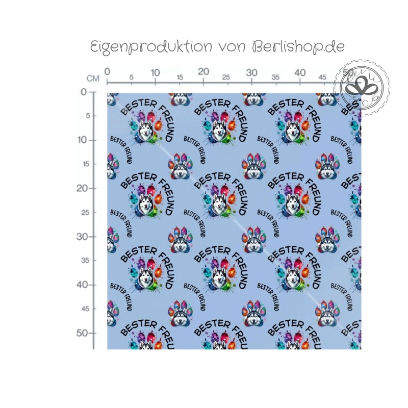 Oxford Stoff Husky 150 cm – Bester Freund Hund Motiv Blau – 200 g/m² – Eigenproduktion