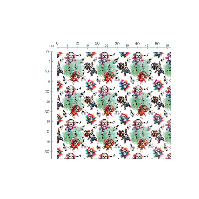 Baumwolle Canvas DJ Hunde Stoff 160 cm – Welpen mit Kopfhörern Musik – 153 g/m² – Eigenproduktion