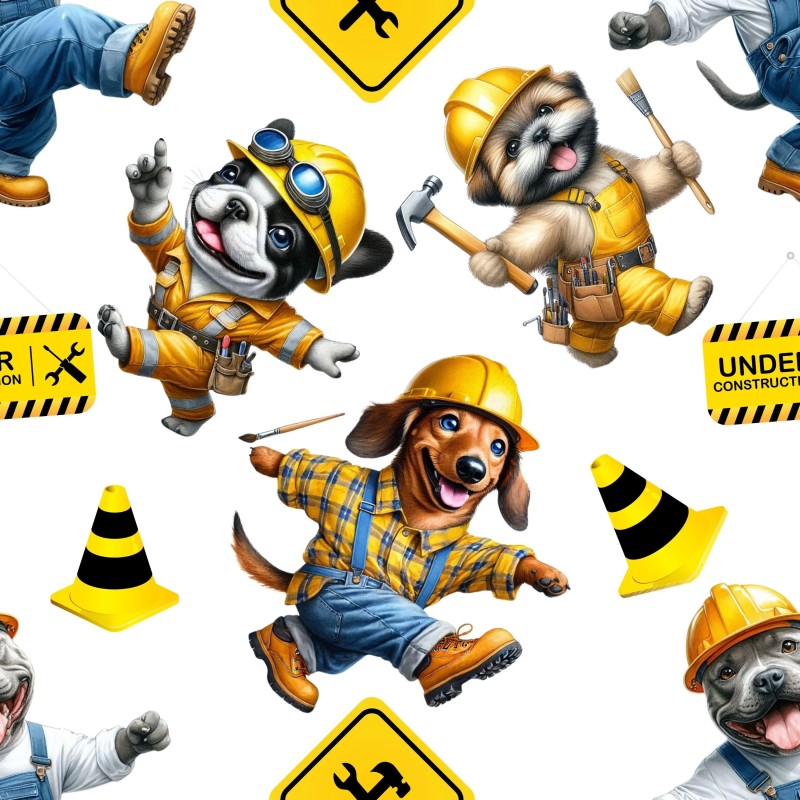 Baumwolle Canvas Baustellen Hunde Stoff 160 cm – Bauarbeiter Hunde Kinderstoff Werkzeug – 153 g/m² – Eigenproduktion