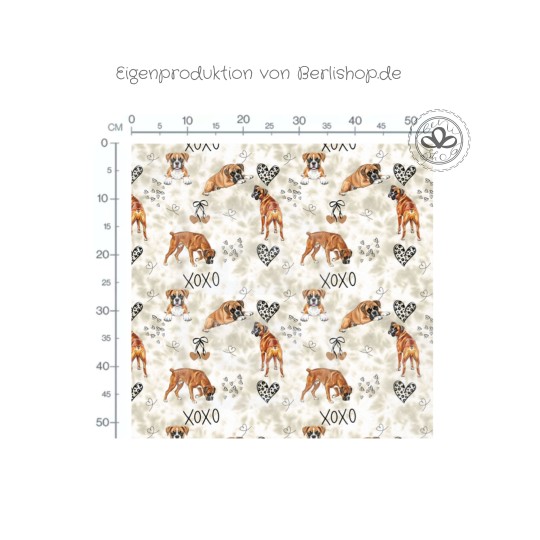 Pre - Order Boxer Hunde XOXO mit Herzen Beige/Braun - Stoffdesign von Berlishop - 10 Stoffe zu Auswahl – Meterware