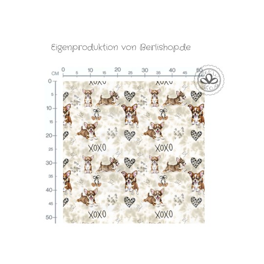 Pre - Order Chihuahua Hunde XOXO mit Herzen Beige/Braun - Stoffdesign von Berlishop - 10 Stoffe zu Auswahl – Meterware