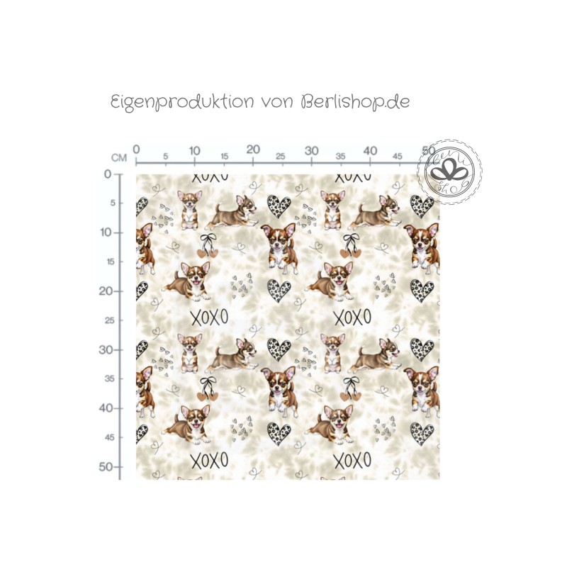 Pre - Order Chihuahua Hunde XOXO mit Herzen Beige/Braun - Stoffdesign von Berlishop - 10 Stoffe zu Auswahl – Meterware