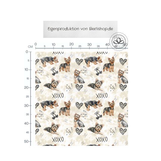 Pre - Order Yorkshire Terrier  Hunde XOXO mit Herzen Beige/Braun - Stoffdesign von Berlishop - 10 Stoffe zu Auswahl – Meterware