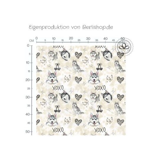 Pre - Order Husky Hunde XOXO mit Herzen Beige/Grau - Stoffdesign von Berlishop - 10 Stoffe zu Auswahl – Meterware