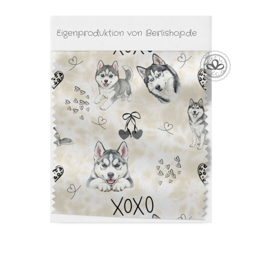 Pre - Order Husky Hunde XOXO mit Herzen Beige/Grau - Stoffdesign von Berlishop - 10 Stoffe zu Auswahl – Meterware